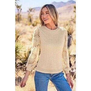 Cupshe Large Top Wrapped In Petals Beige Waffle Knit Floral Sleeve Women’s L NWT